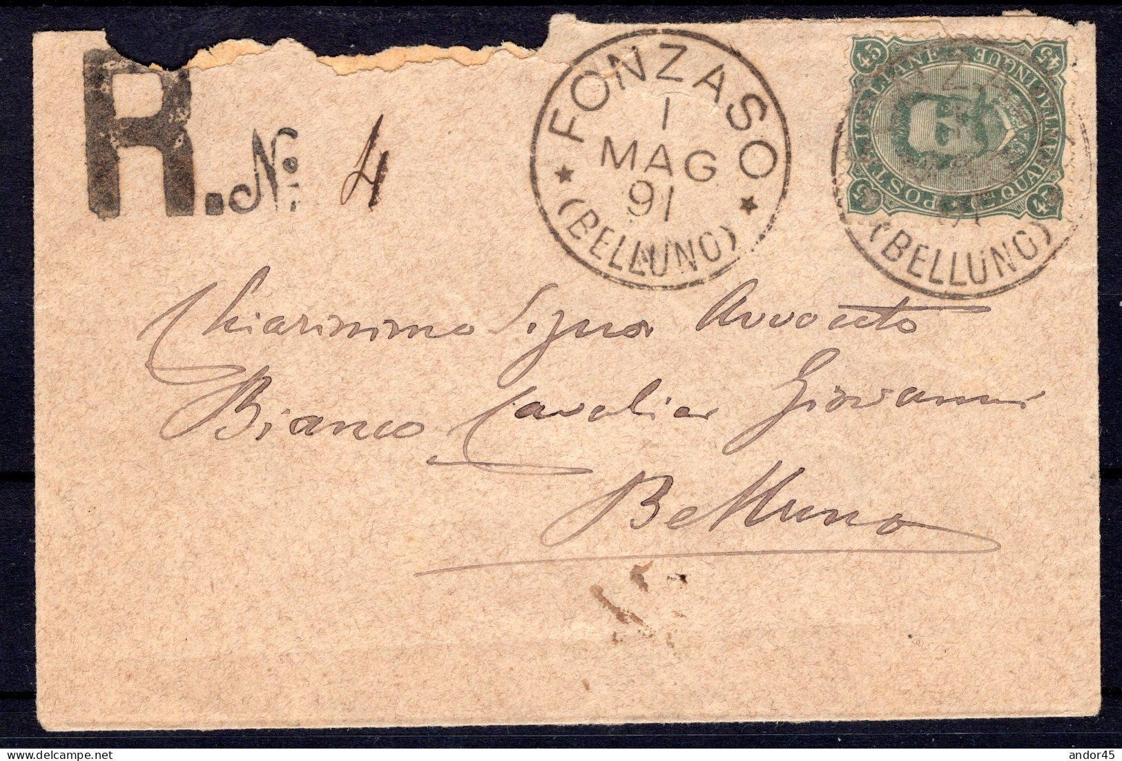 1891 1 MAG C.45  ISOLATO SASS.63 "EFFIGIE DI UMBERTO I,STEMMA"USATO SU RACCOMANDATA   DA  FONZASO X BELLUNO MOLTO BELLA - Poststempel