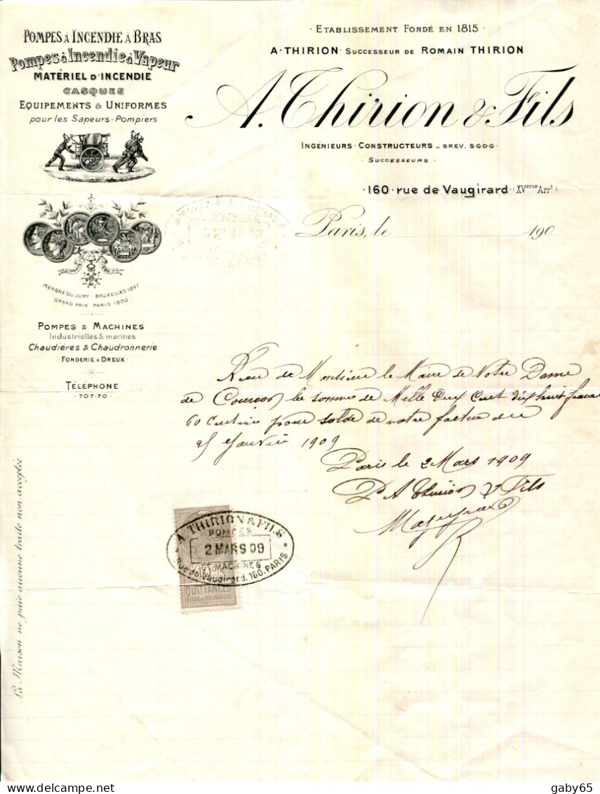 FACTURE.PARIS.POMPES A INCENDIE A BRAS & A VAPEUR.MATÉRIEL INCENDIE.CASQUES.A.THIRION & FILS INGENIEURS-CONSTRUCTEURS. - Sonstige & Ohne Zuordnung