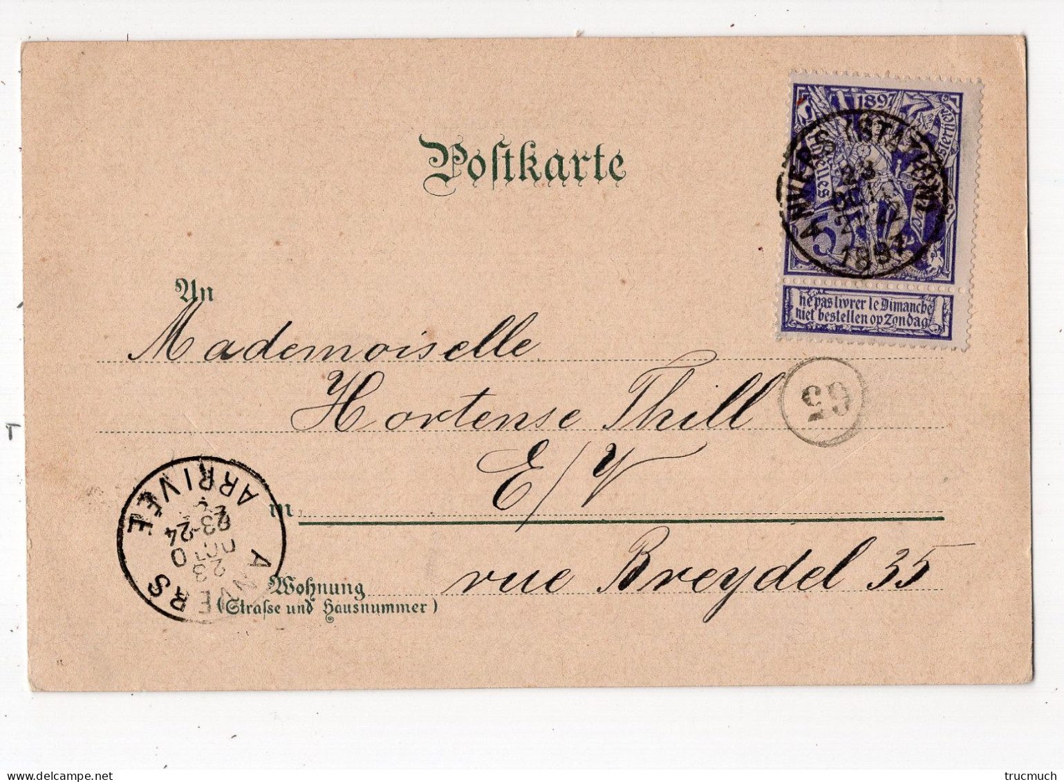 34 - Gruss Aus HIRSAU *1897*  *affranchissement Belge 5 Cent. COB 71* - Calw