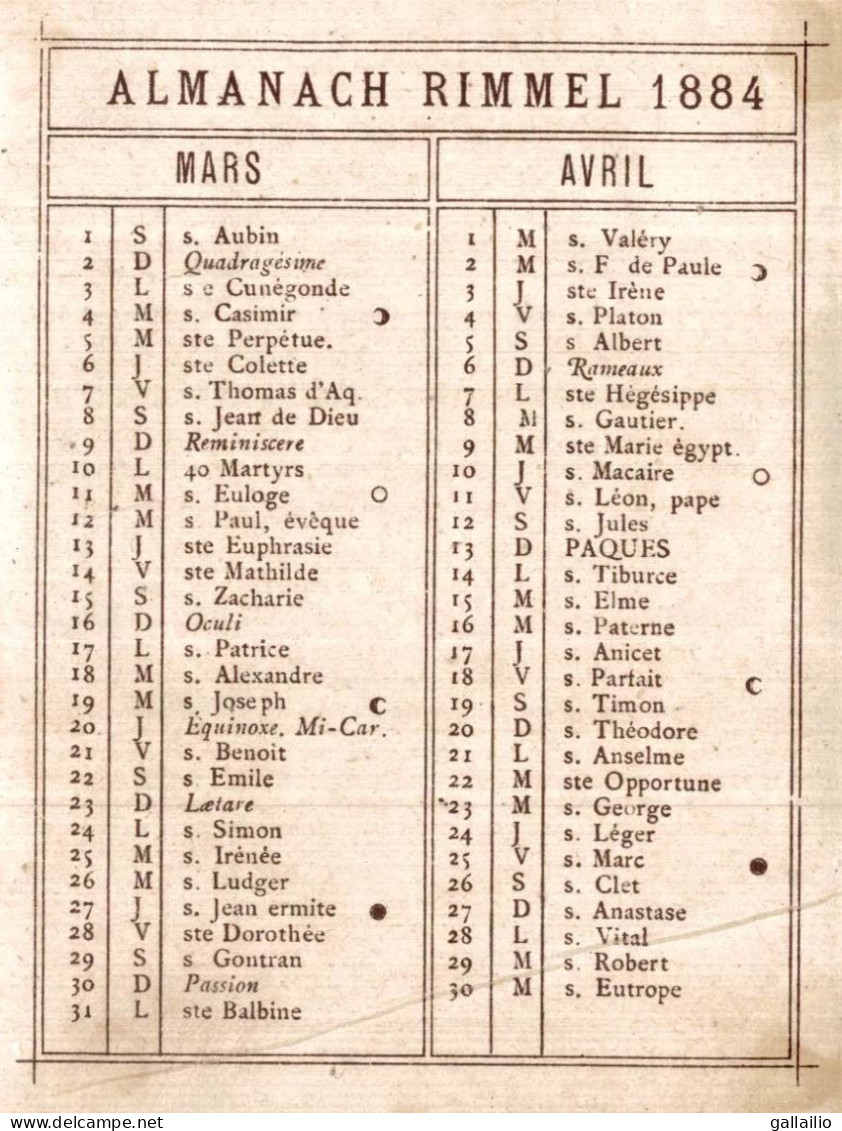 CHROMO ALMANACH RIMMEL HINDOUE CALENDRIER 1884 - Otros & Sin Clasificación