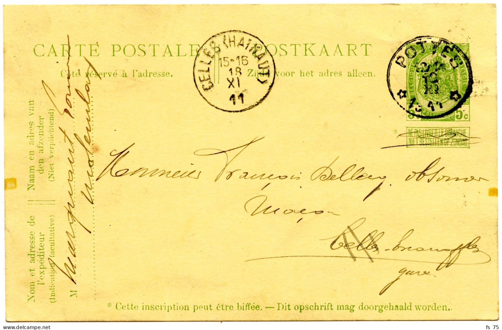 BELGIQUE - SIMPLE CERCLE RELAIS A ETOILES POTTES SUR ENTIER CARTE POSTALE 5C ARMOIRIES, 1911 - Postmarks With Stars