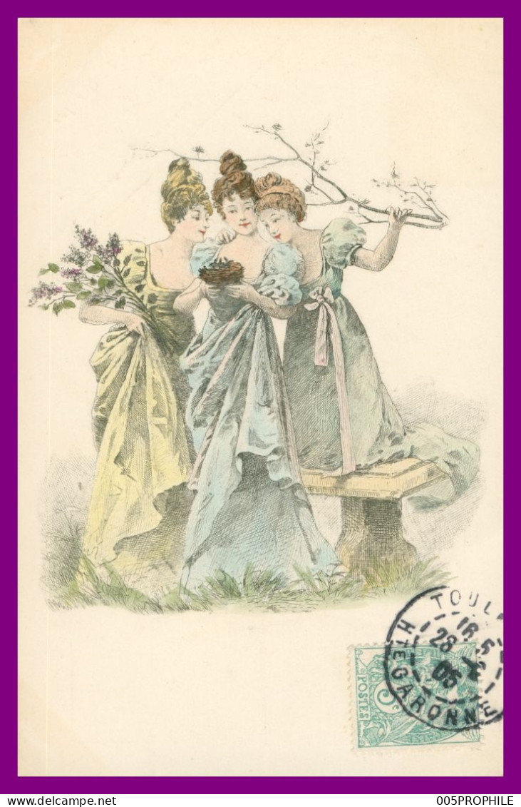 * Fantaisie * Type VIENNE * 3 Femmes Avec Nid D'oiseau - Fleurs - Art Nouveau - Chapeaux - 1905 - Mujeres