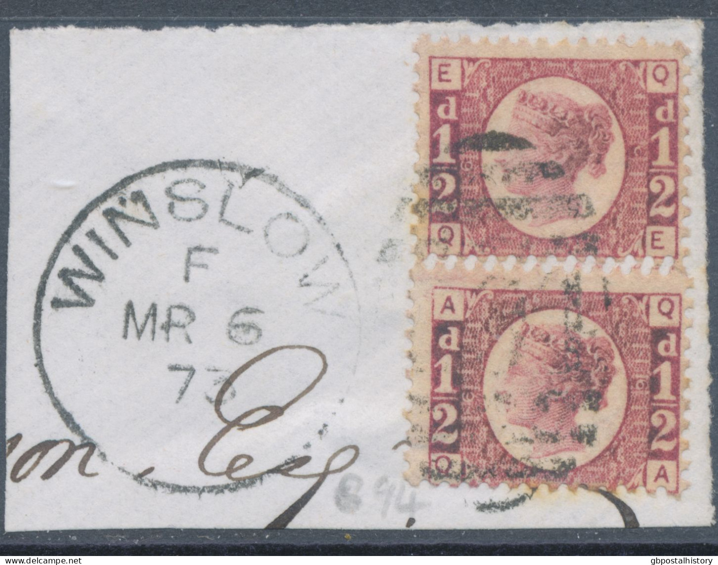 GB QV ½d Plate 6 (2, QA, QE) Superb Used On Piece With Duplex „WINSLOW / 894“, Buckinghamshire (4VOD, Time Code „F“), 6. - Used Stamps