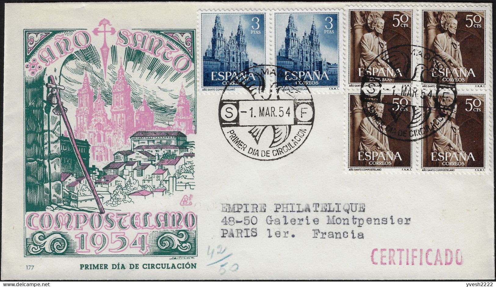 Espagne 1954 Y&T 841 Et 842 Sur FDC. Année Sainte De Compostelle. Cathédrale Saint Jacques - Churches & Cathedrals