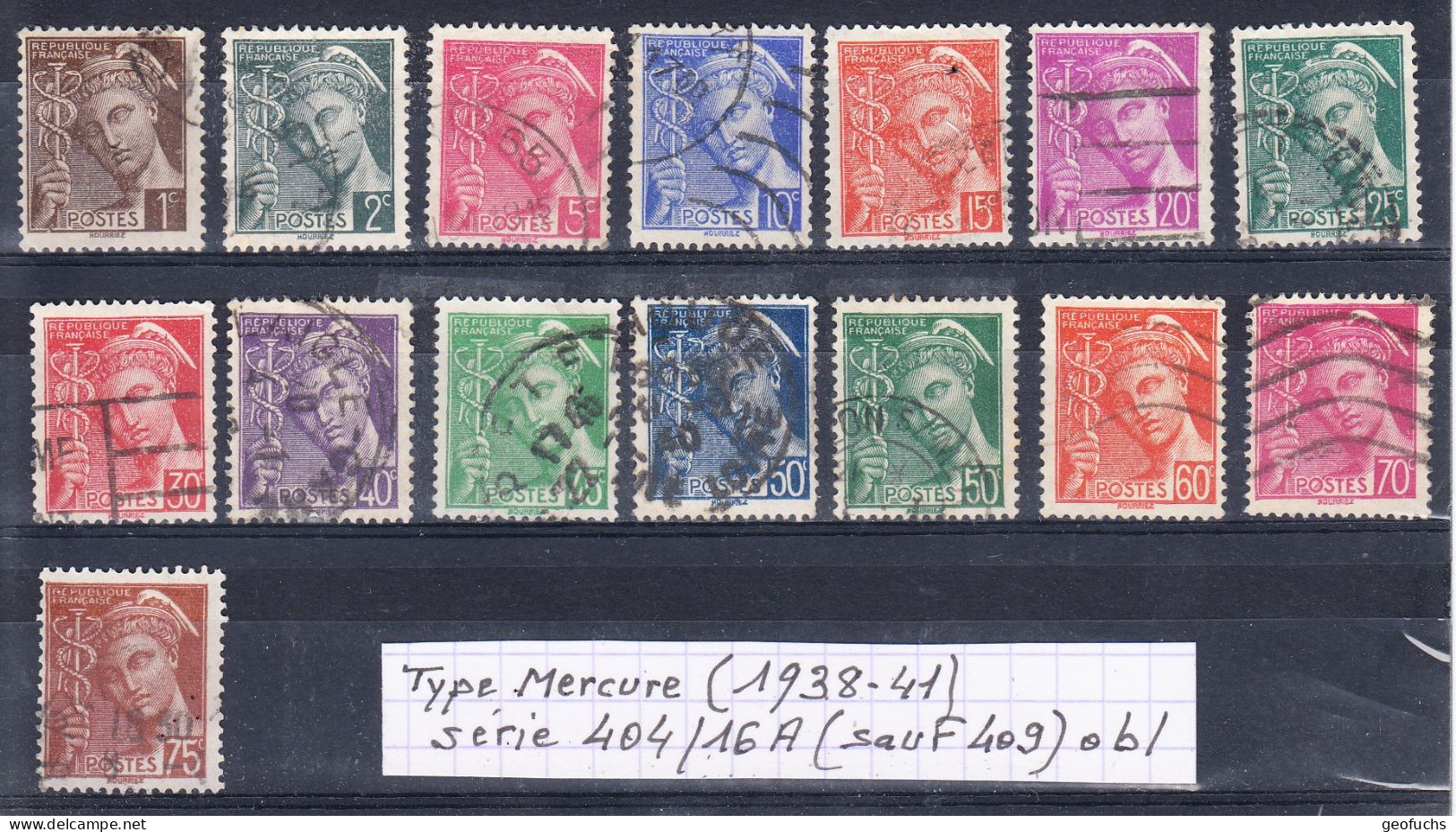 France Type Mercure (1938-41) Y/T Série 404/16A (sauf 409) Oblitérés - 1938-42 Mercurio