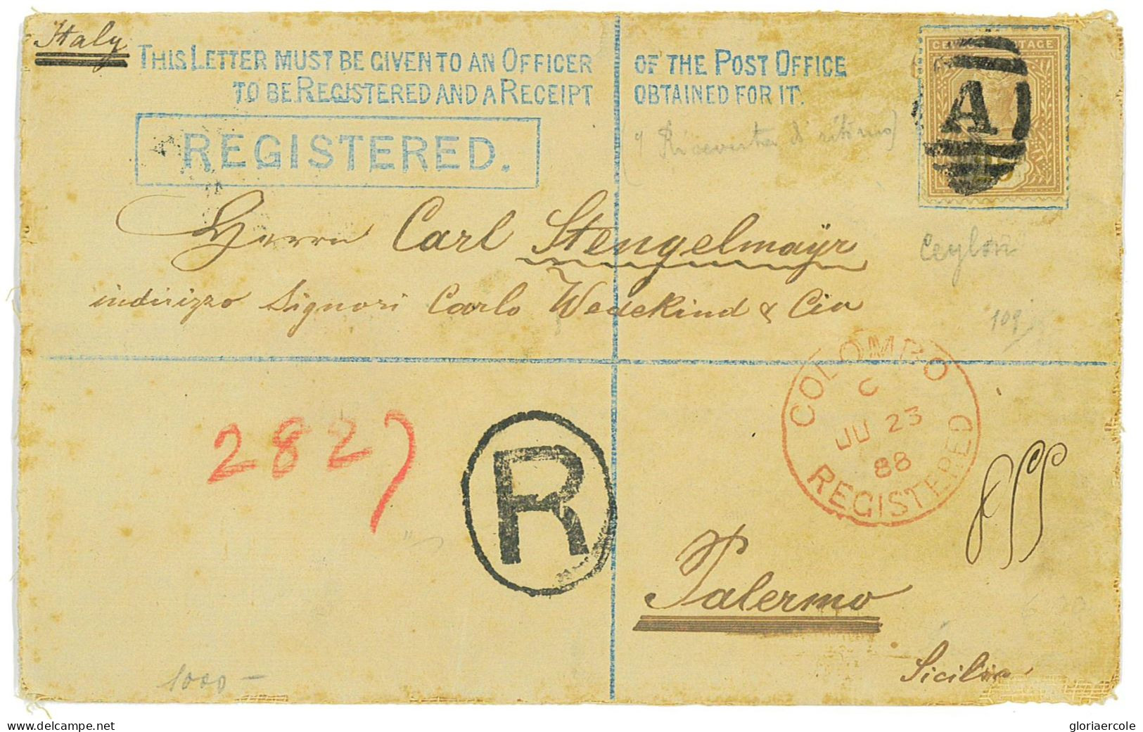 P2929 - CEYLON, REGISTRED STATIONERY, OVPT 15 CT. WITH ADDITIONAL 25 CT. QV STAMP. 1888 FROM COLOMBO TO PALERMO SICILY - Ceylon (...-1947)