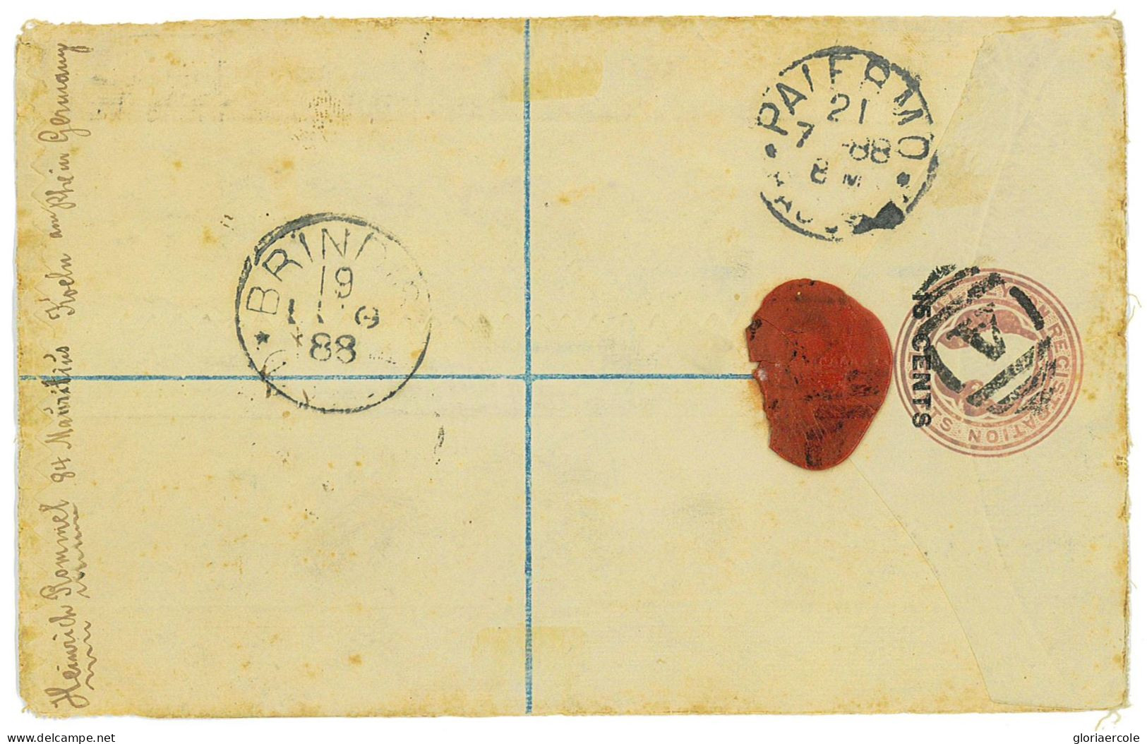 P2929 - CEYLON, REGISTRED STATIONERY, OVPT 15 CT. WITH ADDITIONAL 25 CT. QV STAMP. 1888 FROM COLOMBO TO PALERMO SICILY - Ceylan (...-1947)