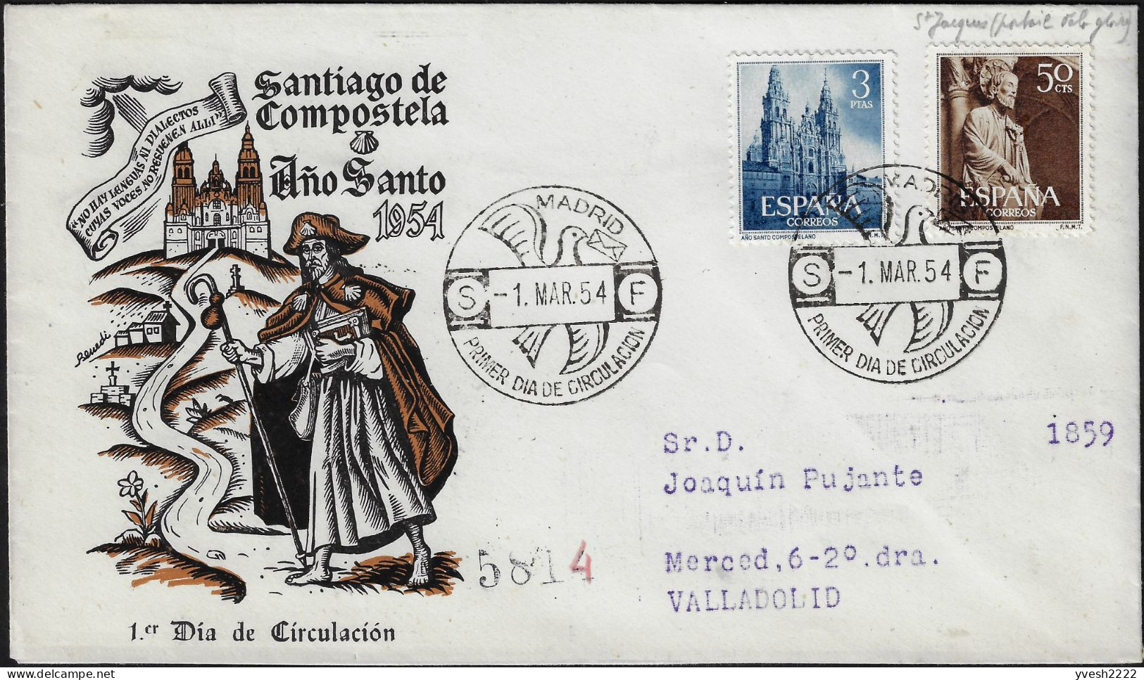 Espagne 1954 Y&T 841 Et 842 Sur FDC. Année Sainte De Compostelle. Cathédrale Saint Jacques - Churches & Cathedrals