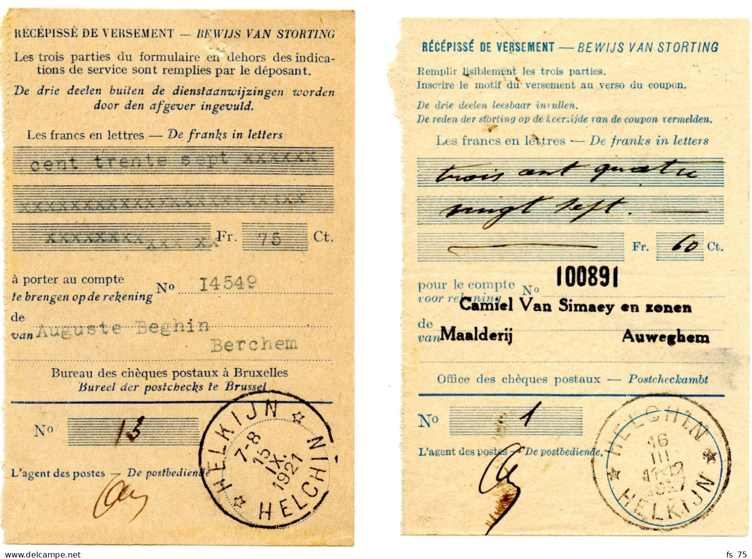 BELGIQUE - SIMPLE CERCLE BILINGUE RELAIS A ETOILES HELCHIN SUR DEUX BULLETINS DE VERSEMENT - Postmarks With Stars