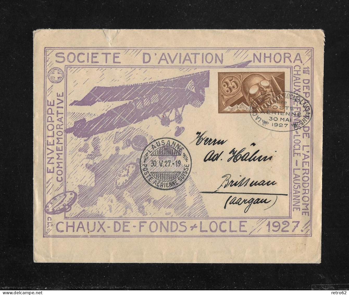 1927 SOCIETE D'AVIATION NHORA ► Privater Brief-Umschlag Als Ganzsache (violett)    ►HSP-PBU 050, 35 Cts Braun◄ - Stamped Stationery