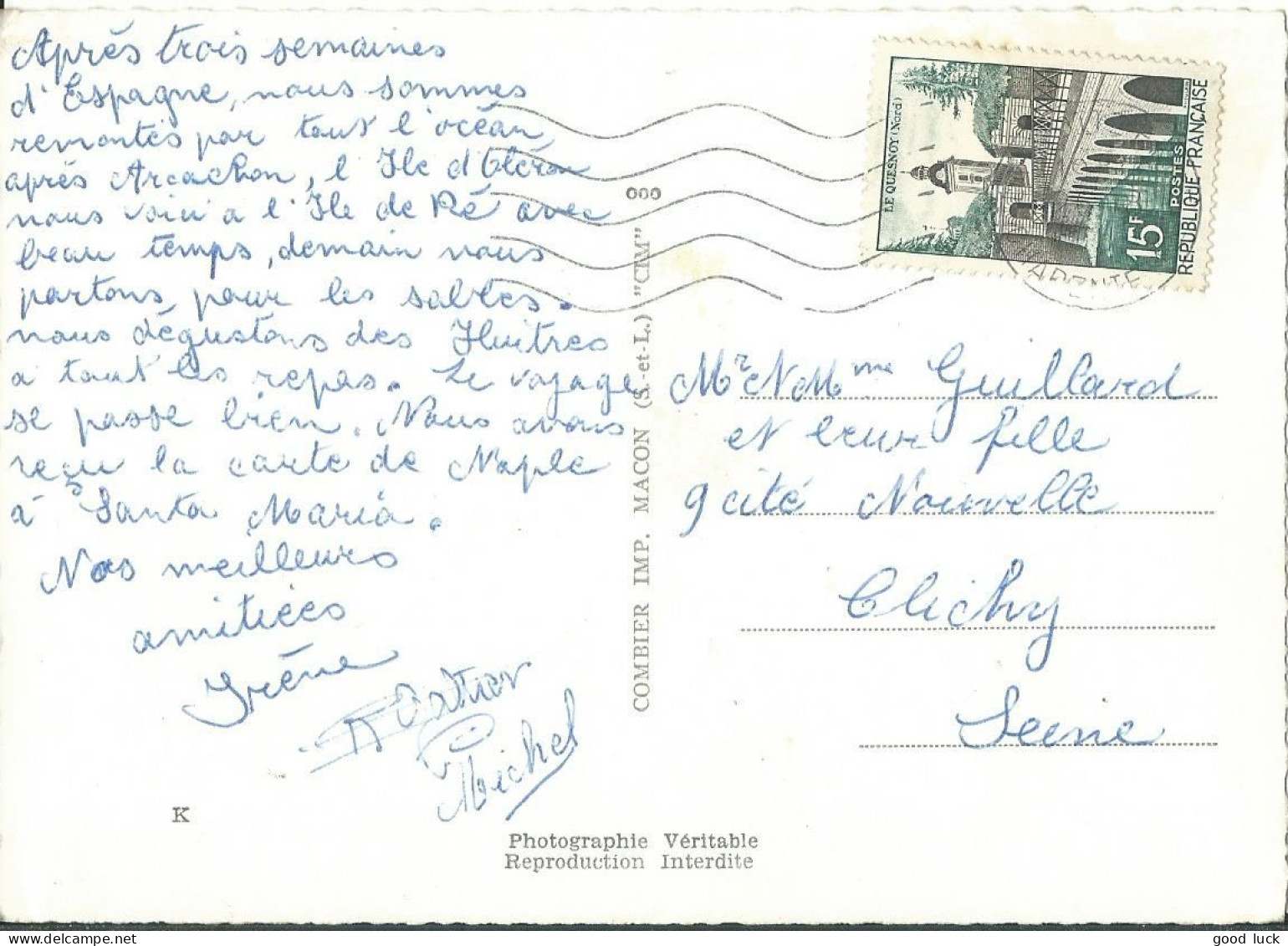 FRANCE CARTE 15F ILE DE RE ( CHARENTE MARITIME ) POUR CLICHY ( SEINE ) DE 1958  LETTRE COVER - 1921-1960: Periodo Moderno