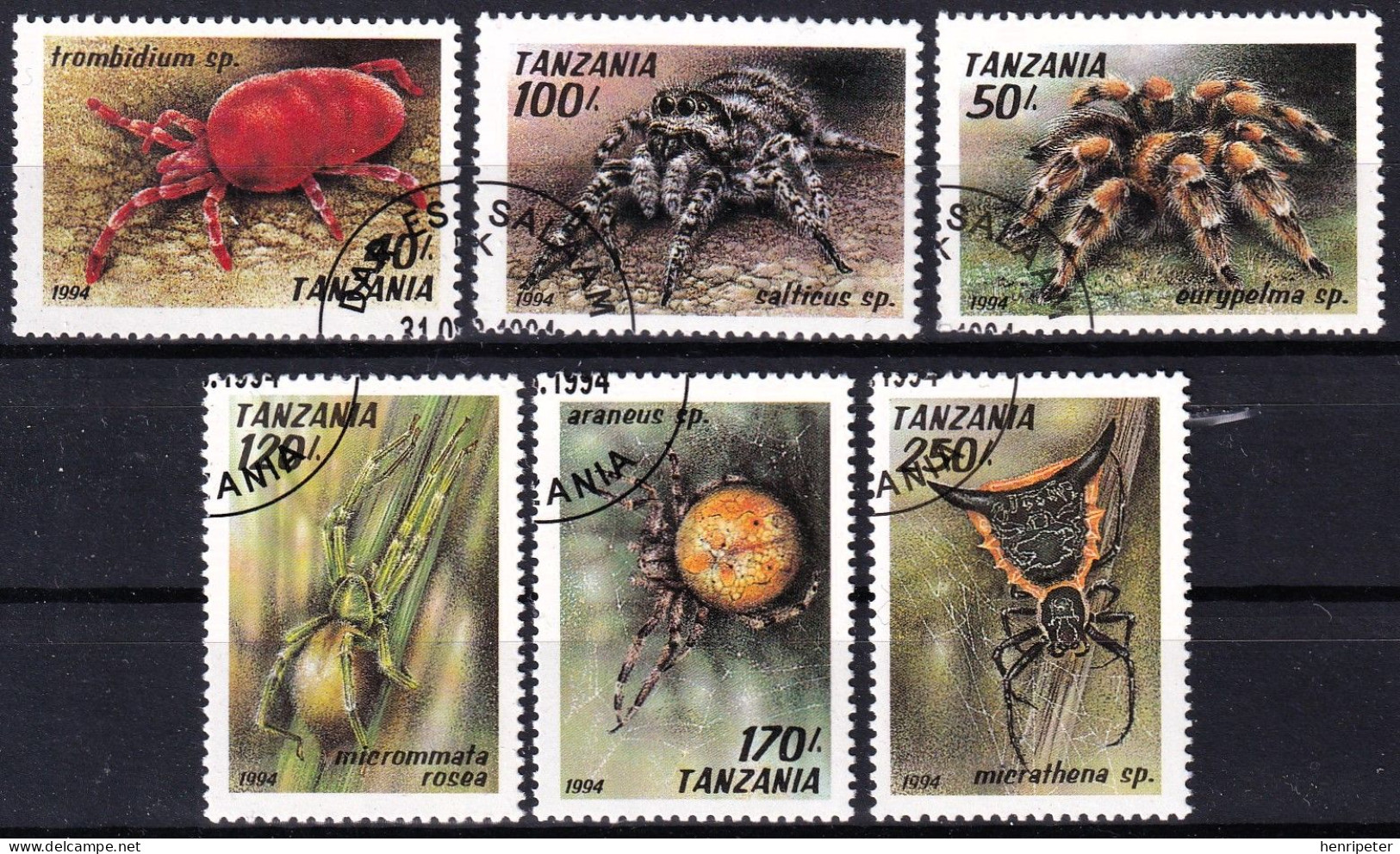 Lot De 6 Timbres-poste Dentelés Oblitérés - Araignées Trombidion Tarentule - N° 1585/90 (Yvert) - Tanzanie 1994 - Tanzania (1964-...)