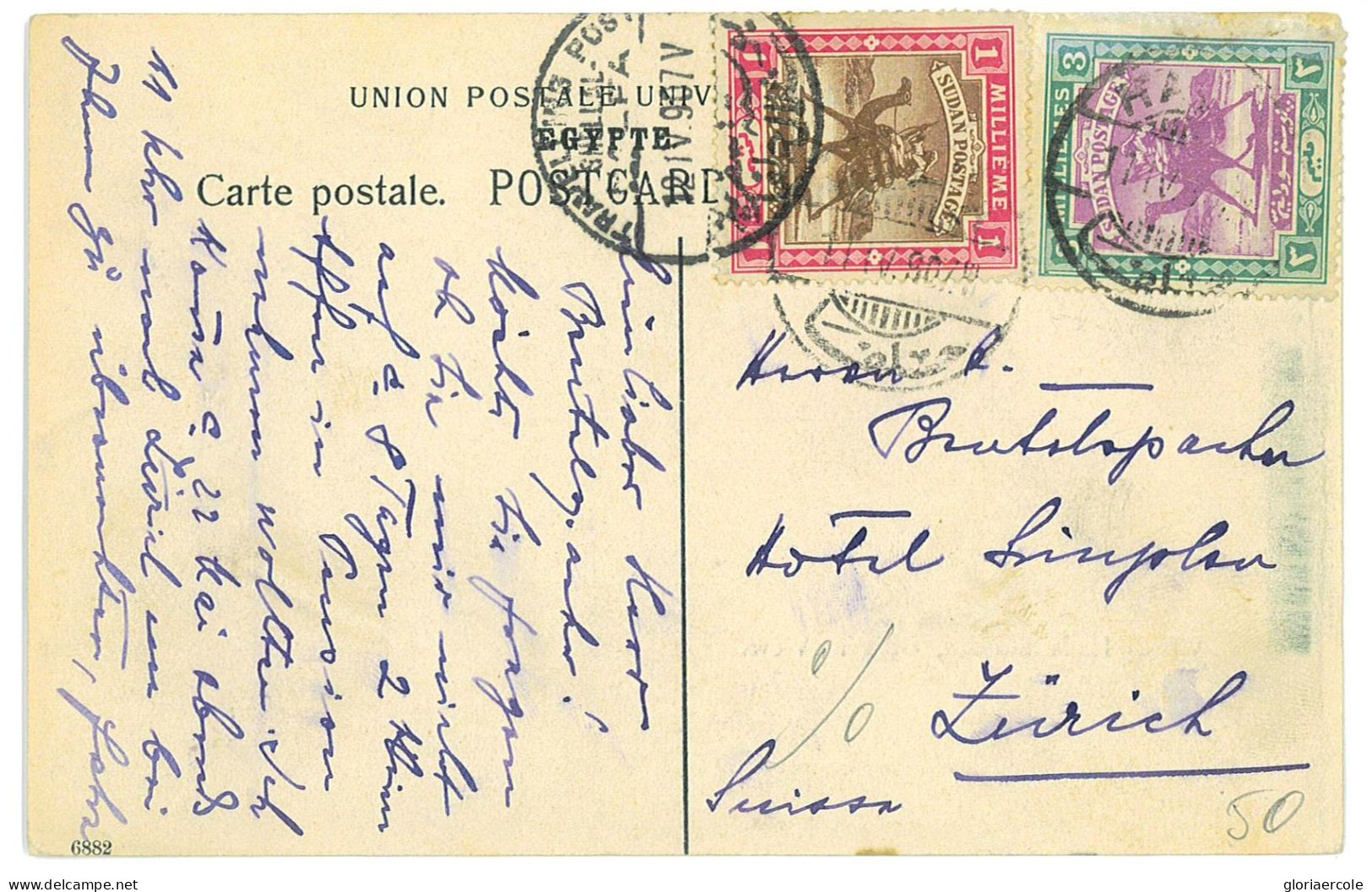 P2933 - SUDAN, POST CARD FROM WADI HALFA TO ZÜRICH, 1907 TRAIN AMBULANT!!!!!! - Sudan (...-1951)