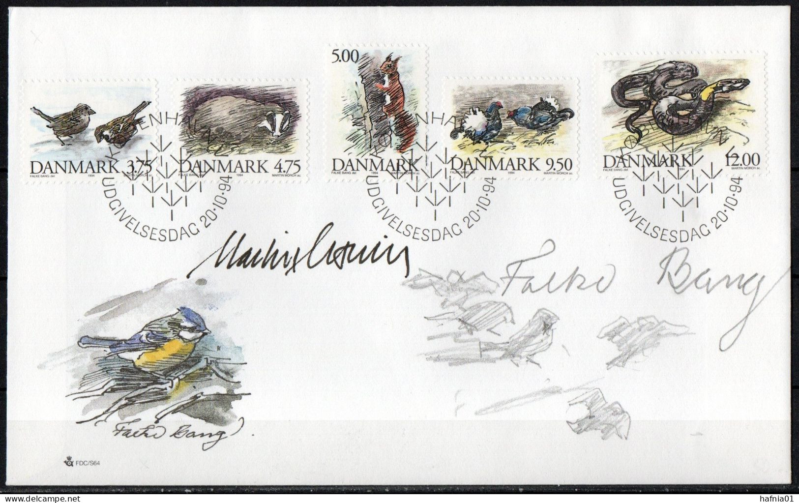 Martin Mörck. Denmark 1995. Native Animals Michel 1086 - 1090 On Illustrated FDC. Signed. - FDC