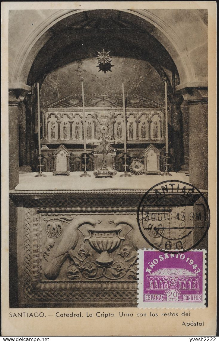 Espagne 1943 Y&T 719 Sur Carte Maximum. Année Sainte, Saint Jacques De Compostelle. La Crypte, Urne De L'Apôtre - Eglises Et Cathédrales