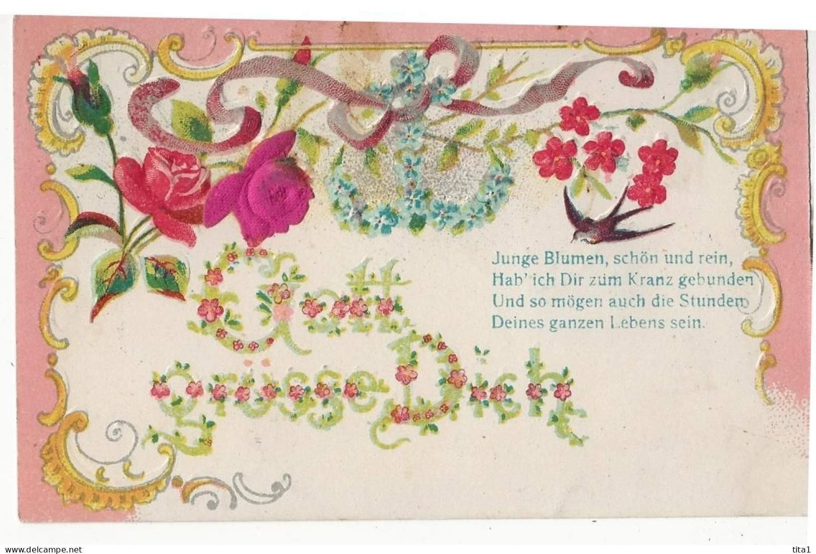 452- Fleurs - Hirondelle - Gott Grüsse Dich " En Relief" - Blumen