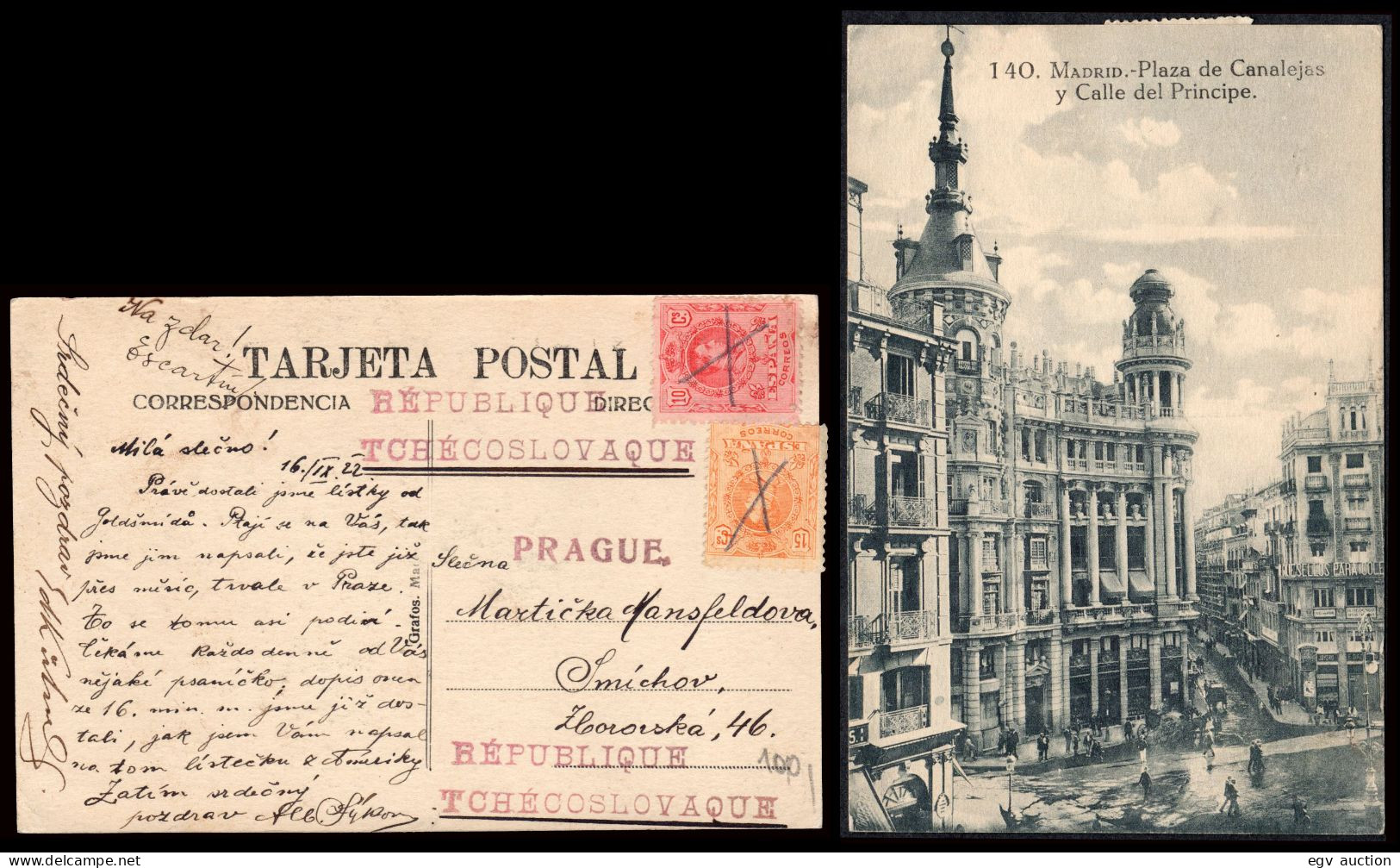 Madrid - Edi O TP 269+271 - Postal "Madrid - Pl. Canalejas..." Mat "Cruz Tinta" A Praga - Storia Postale