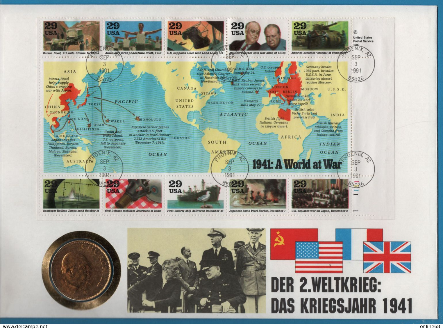 UK NUMISLETTER A WORLD AT WAR 1941 1 Crown 1965 QEII KM# 910 Churchill  VERGOLDET GOLD PLATED - 25 New Pence