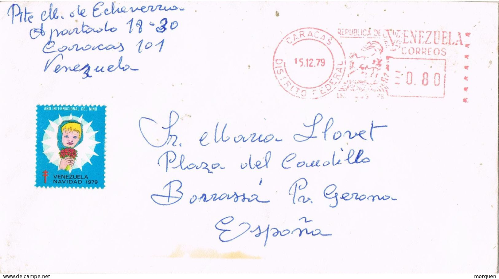 54546. Carta Aerea CARACAS (Venezuela) 1979. Viñeta, Label  Protuberculose, Navidad - Venezuela