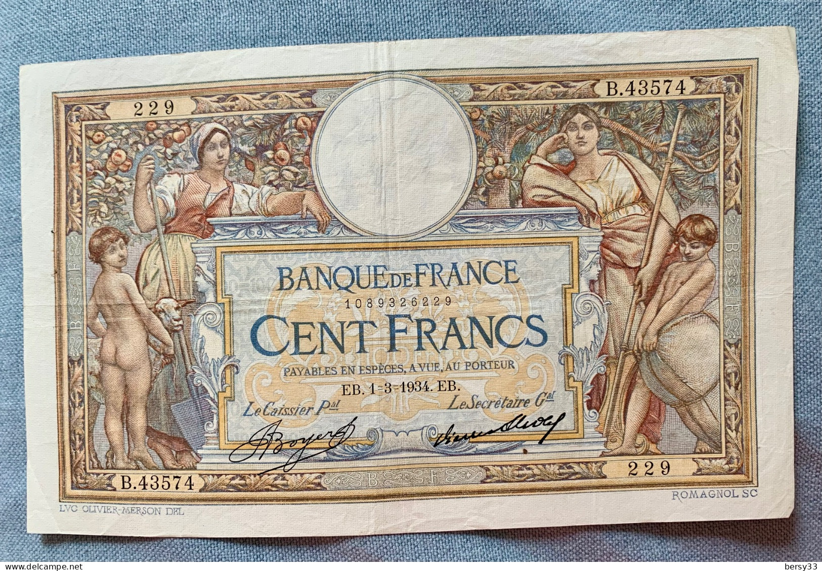 Billet 100 Francs LUC OLIVIER MERSON 1=3=1934 EB FRANCE B.43574. 229 - 100 F 1908-1939 ''Luc Olivier Merson''