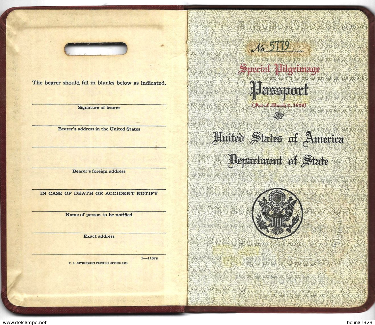 1929 US Special Pilgrimage Passport - Documentos Históricos