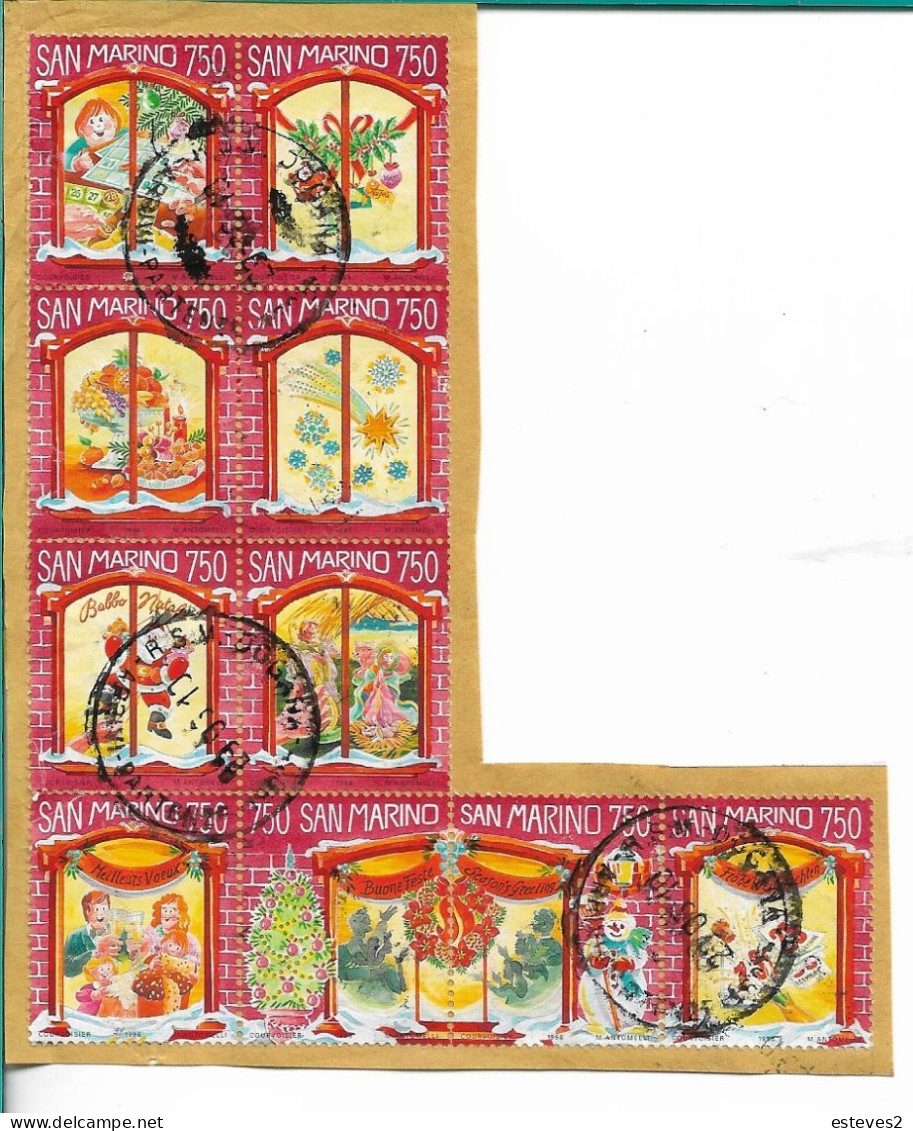 San Marino 1996 , Christmas , 10 Different Stamps Used, On Fragment - Christmas