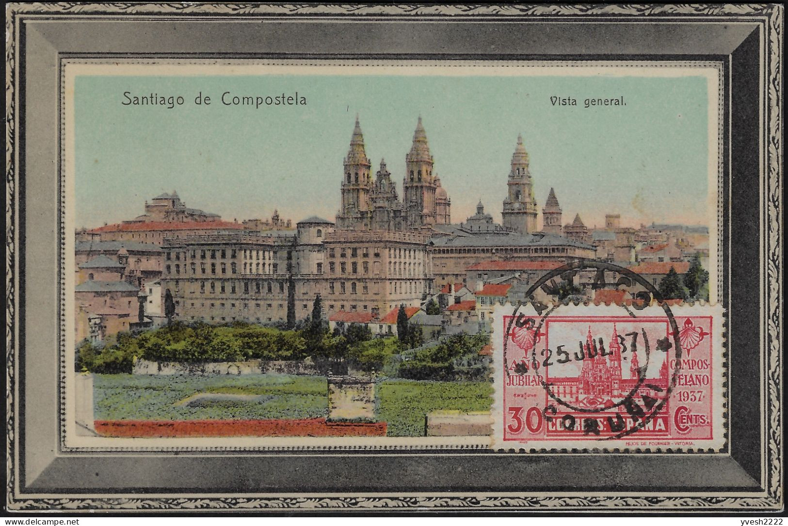 Espagne 1937 Y&T 595 Sur Carte Maximum. Année Sainte, Saint Jacques De Compostelle. Cathédrale Saint Jacques - Iglesias Y Catedrales