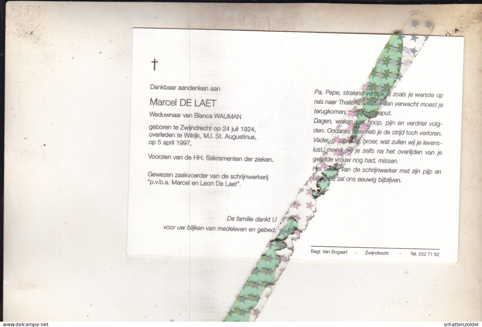 Marcel De Laet-Wauman, Zwijndrecht 1924, Wilrijk 1997. Gewezen Zaakvoerder Schrijnwerkerij. Foto - Obituary Notices