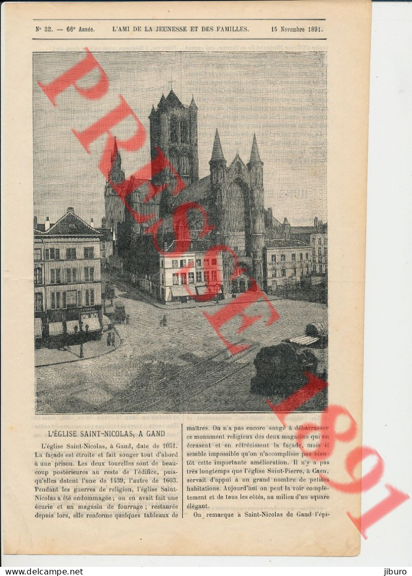 Gravure 1891 Eglise Saint-Nicolas à Gand Belgique Histoire Devanture Aux Armes D'Anvers Caron Vandeputte Boekhandel - Ohne Zuordnung
