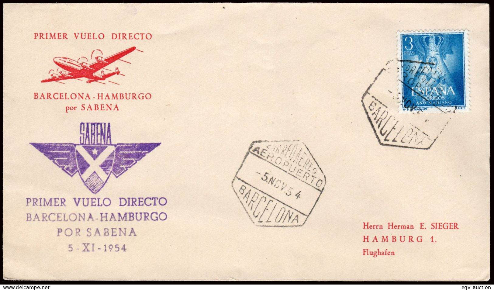 España - Edi O 1141 - Sobre Marca "SABENA - Primer Vuelo Directo Barcelona - Hamburgo 5/11/54" - Lettres & Documents
