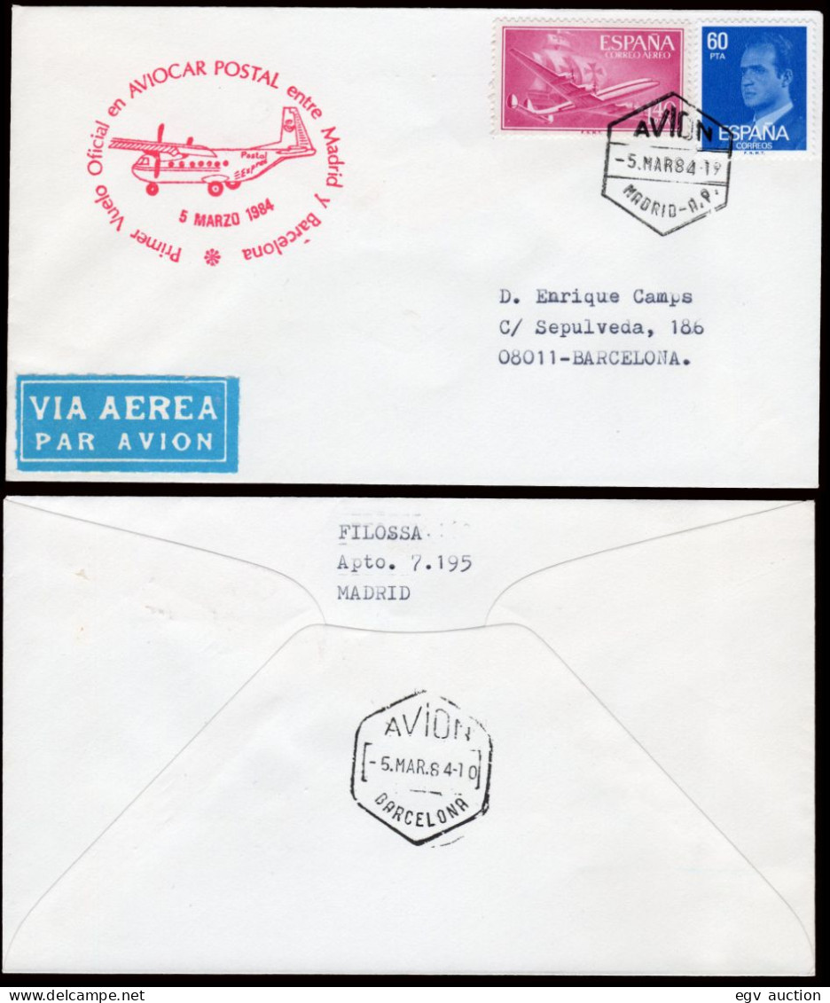 España - Edi O 1174+2602 - Sobre Marca "Primer Vuelo Oficial En Aviocar Postal Entre Madrid Y Barcelona 5/3/84" - Lettres & Documents