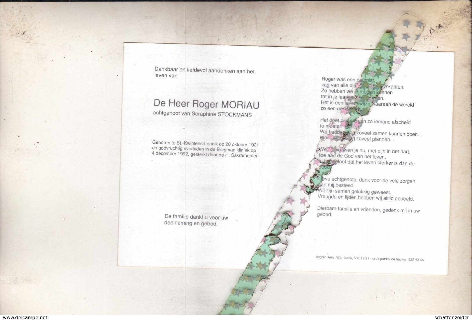 Roger Moriau-Stockmans, Sint-Kwintens-Lennik 1921, 1992. Foto - Avvisi Di Necrologio