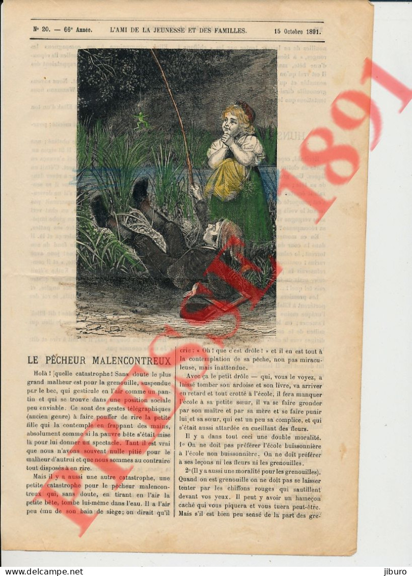 Gravure 1891 Humour Pêche à La Grenouille Animal Pêcheur Enfant - Ohne Zuordnung