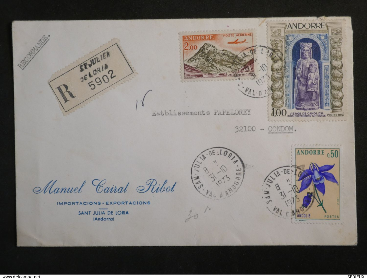 DM20 ANDORRE BELLE  LETTRE RECO.   1973 A CONDOM FRANCE ++AFF.   INTERESSANT+ + - Covers & Documents