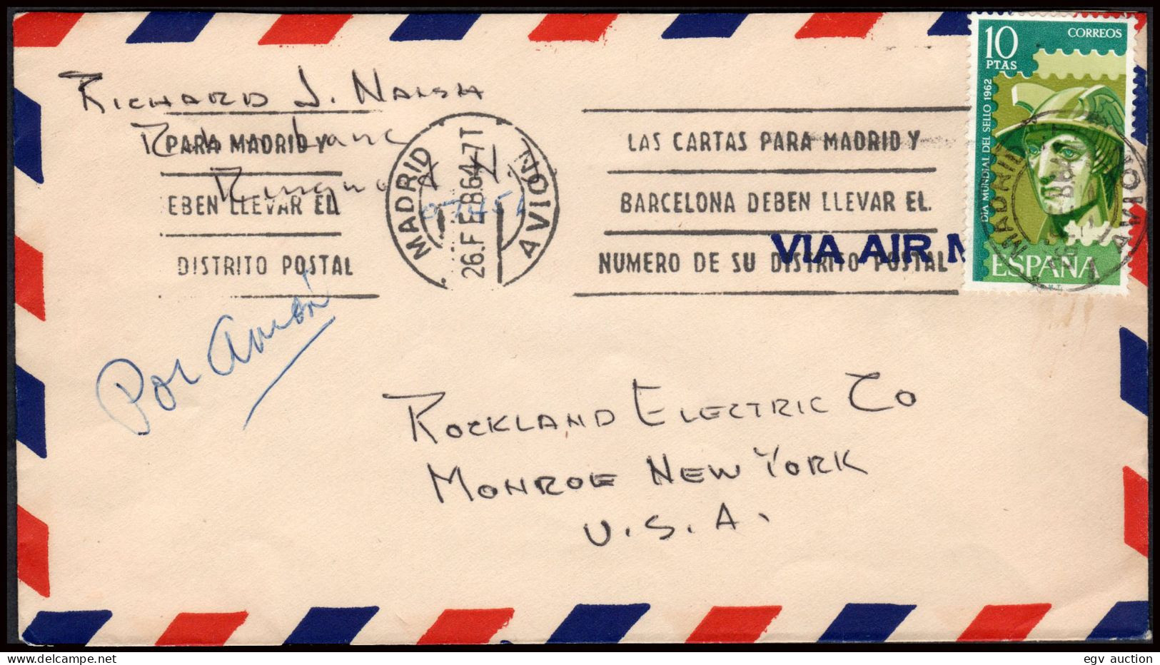 España - Edi O 1433 - Sobre Mat Rodillo "Madrid - Avión 26/2/64" A EEUU - Covers & Documents