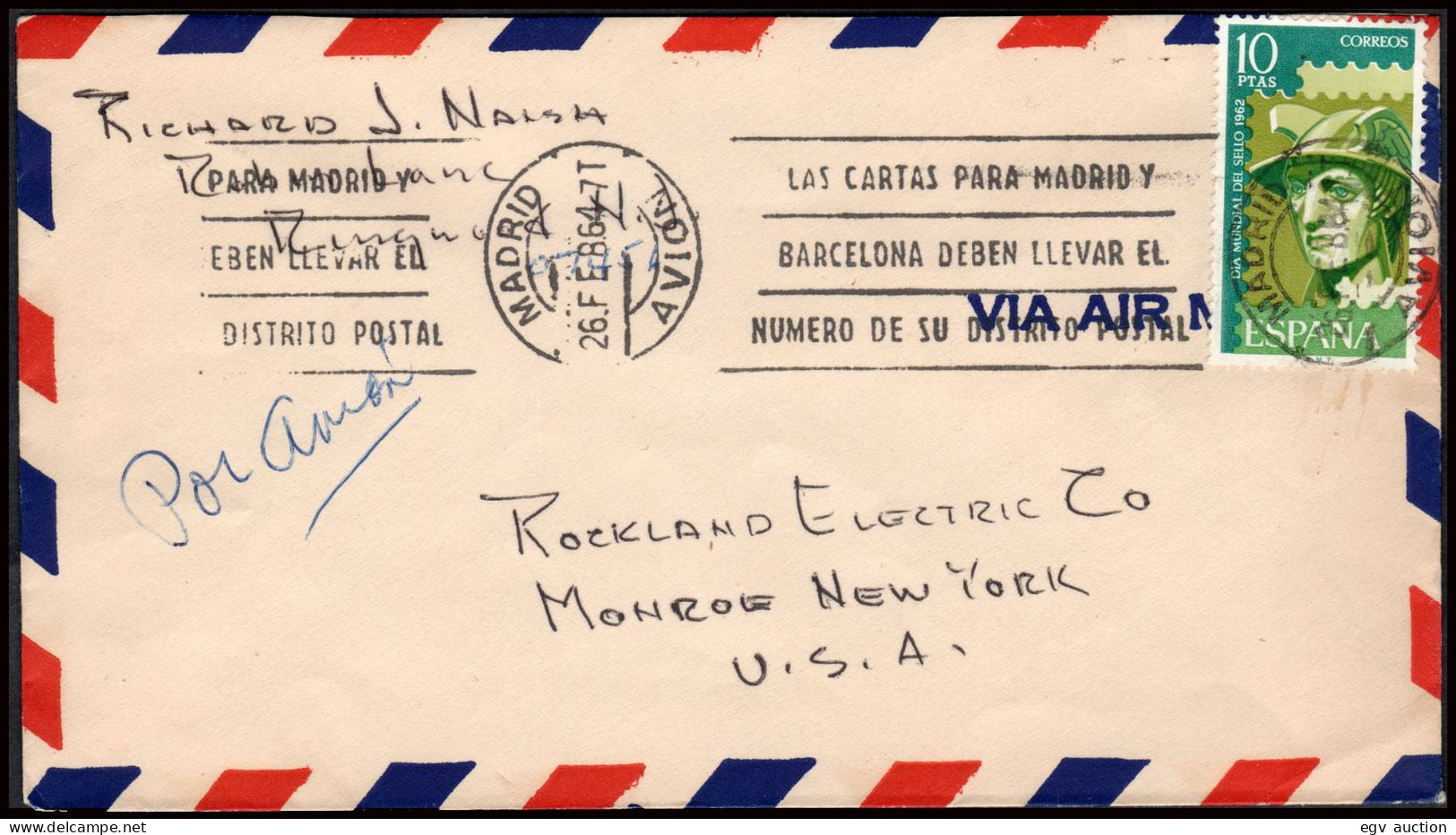 España - Edi O 1433 - Sobre Mat Rodillo "Madrid - Avión 26/2/64" A EEUU - Brieven En Documenten