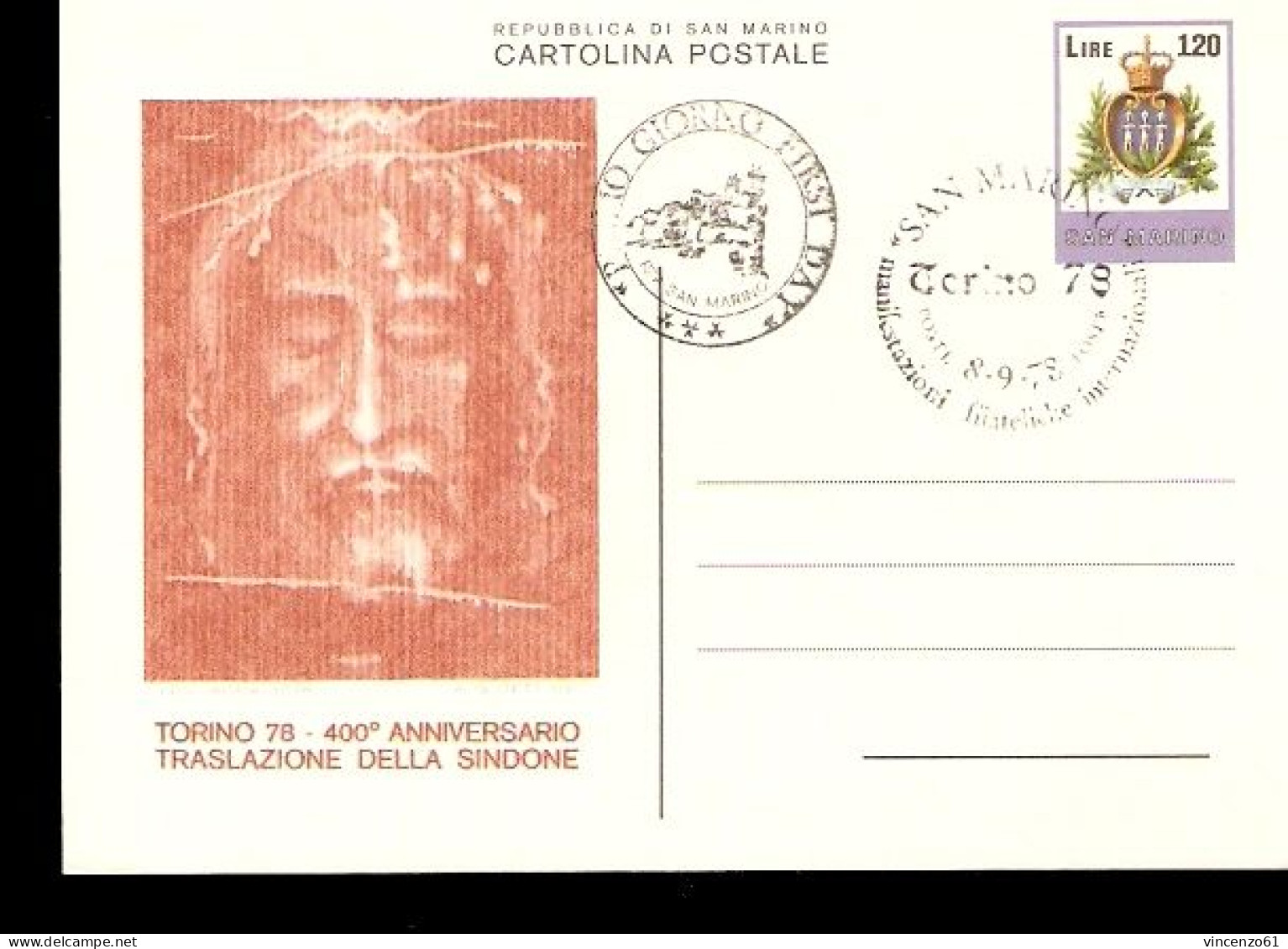 CARTOLINA POSTALE REPUBBLICA DI SAN MARINO FDC 1978 400° ANNIVERSARIO SACRA SINDONE - Cristianismo