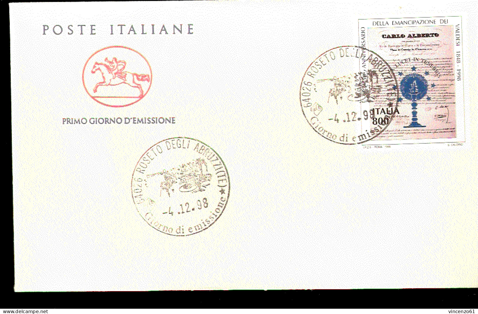 1998 ANNULLO FDC  150° Anniversario Della Pubblicazione Delle Regie Patenti A Favore Dei Valdesi. - Sonstige & Ohne Zuordnung