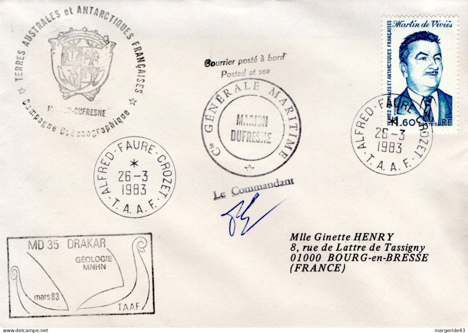 TAAF LETTRE DE ALFRED FAURE1983 - Storia Postale