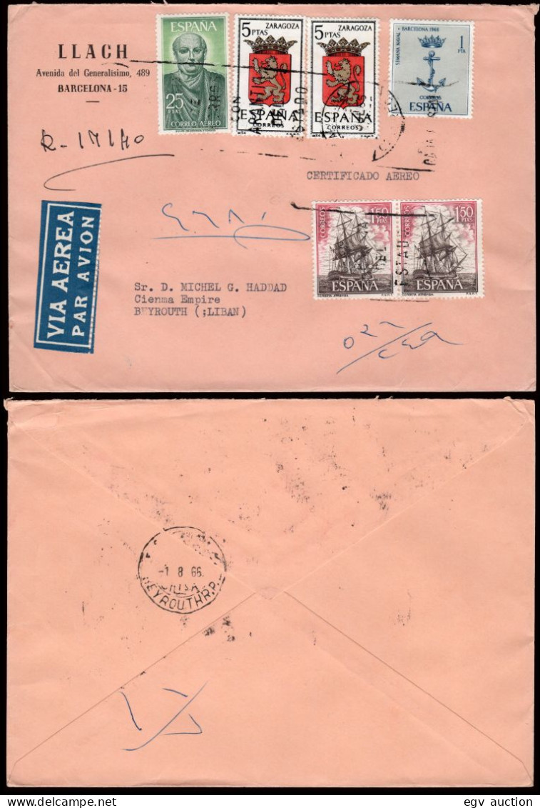 España - Edi O 1707+1701(2)+.. - Sobre Mat "Certificado Aéreo 17/Jul./66 - Barcelona" A Líbano - Covers & Documents