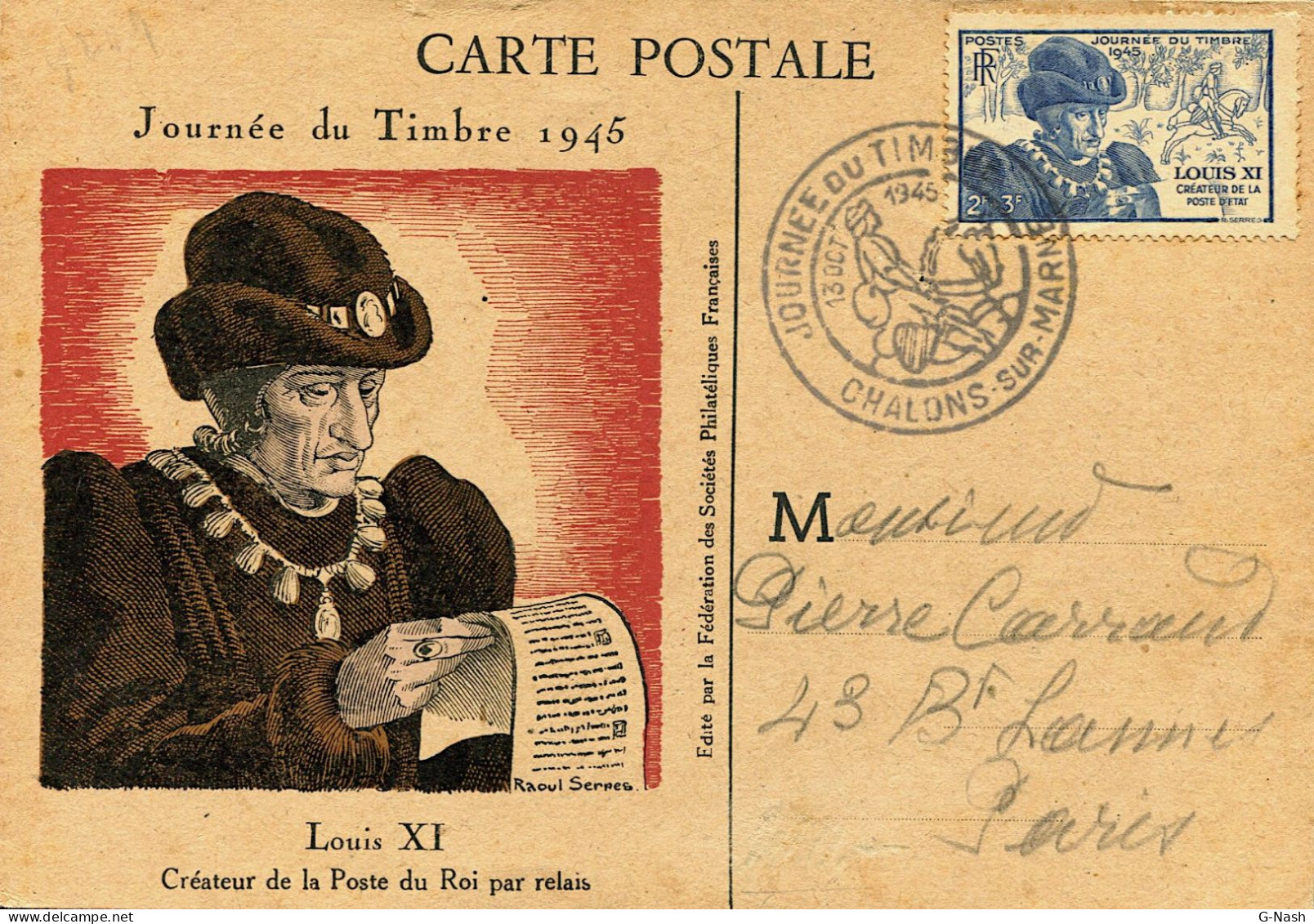 Journée Du Timbre - De Chalons Sur Marne à Paris - 13/10/1945 Sur CP Louis XI - Temporary Postmarks