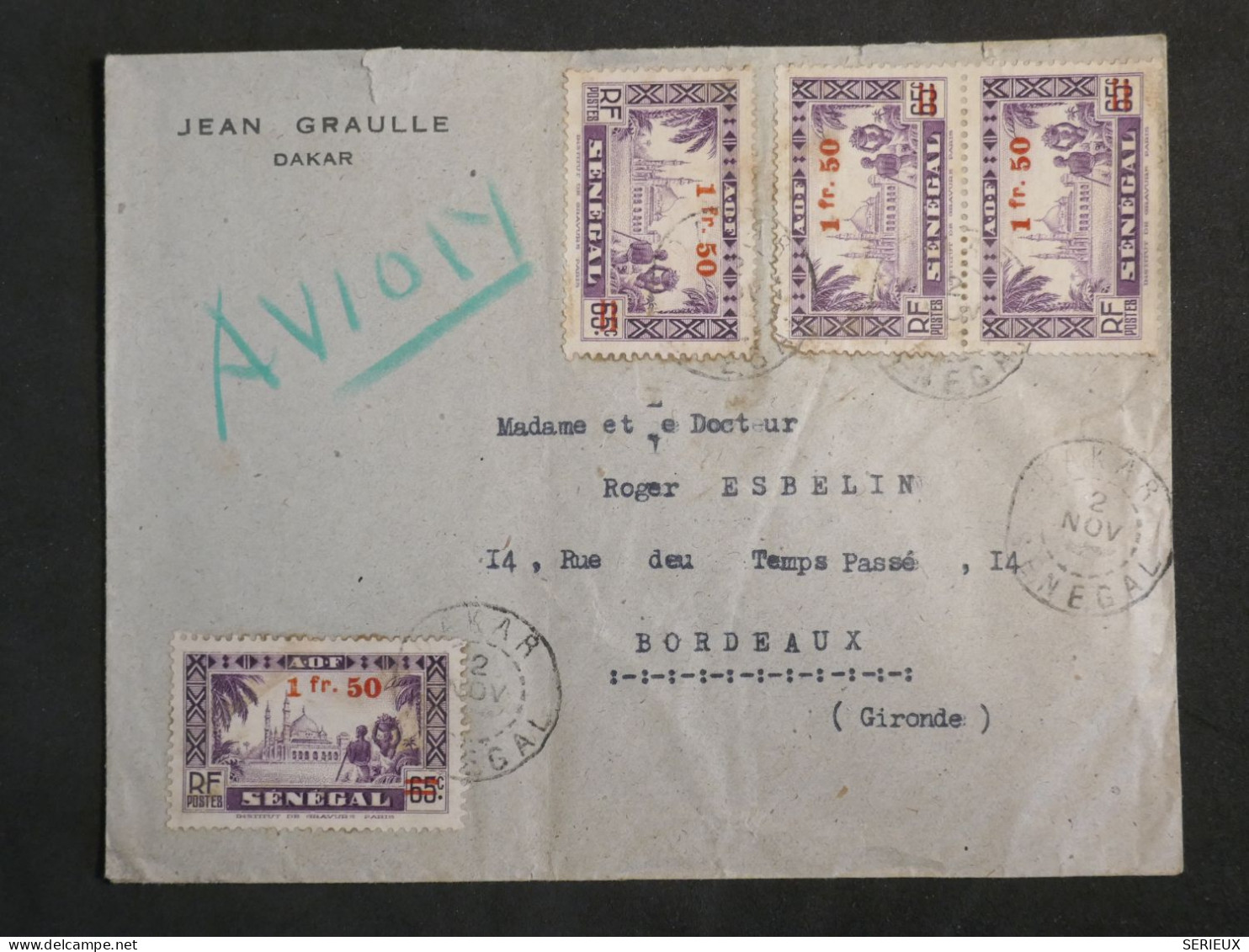 DM20 SENEGAL  BELLE  LETTRE   1938 A BORDEAUX   FRANCE +SURCHARGE +AFF.   INTERESSANT+ + - Covers & Documents