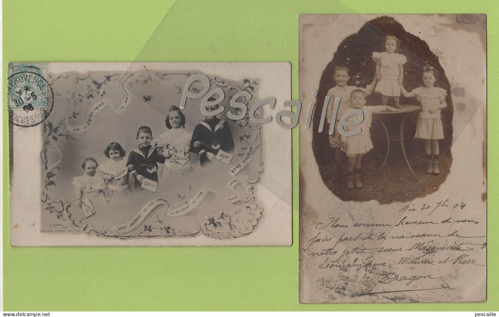 2 JOLIES CARTES PHOTO D'ENFANTS ANNONCANT LA NAISSANCE DU DERNIER NE - FAMILLE DRAGON - CIRCULEES EN 1904 ET 1906 - Children And Family Groups