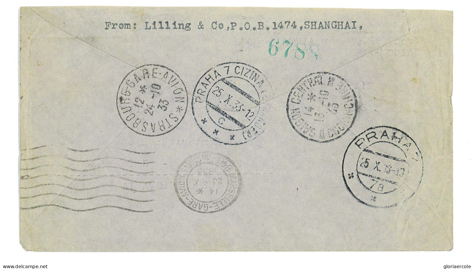 P2941 - CHINA , 1933 SHANGAI.- PRAG, MANY TRANSIT POST MARKS ON BACK. - Covers & Documents