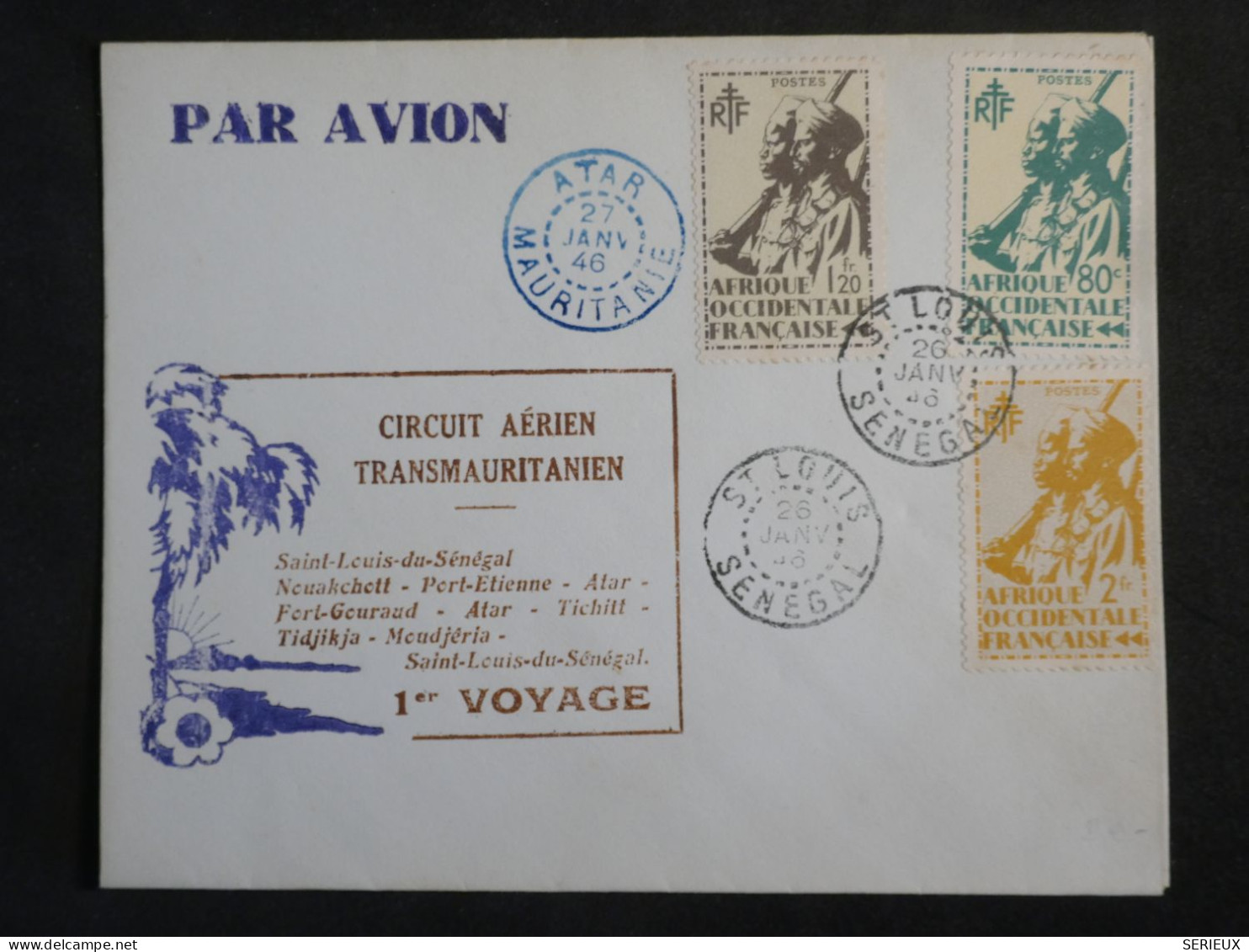 DM20 SENEGAL  BELLE  LETTRE   1946  1ER VOYAGE TRANSMAURITANIEN  +SAINT LOUIS +AFF.   INTERESSANT+ + - Posta Aerea