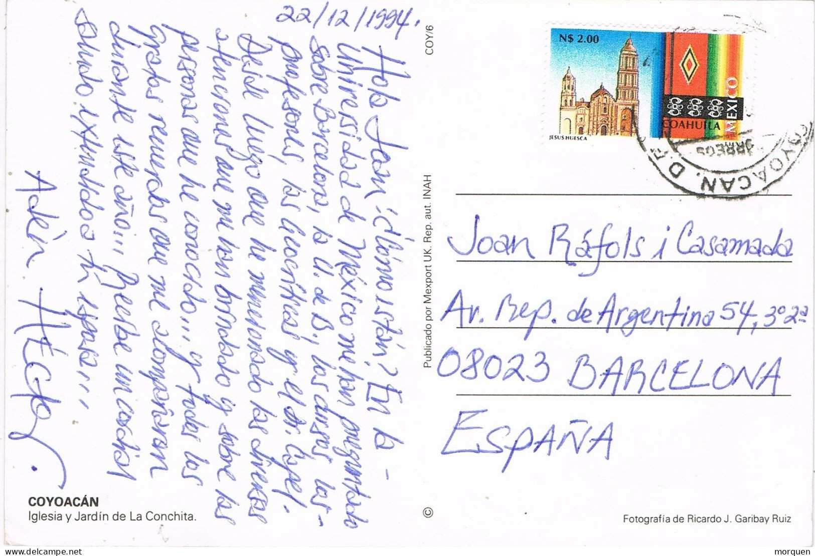 54551. Postal Aerea COYOACAN (Mexico) 1994. Vista Jardin E Iglesia De La Conchita - Messico