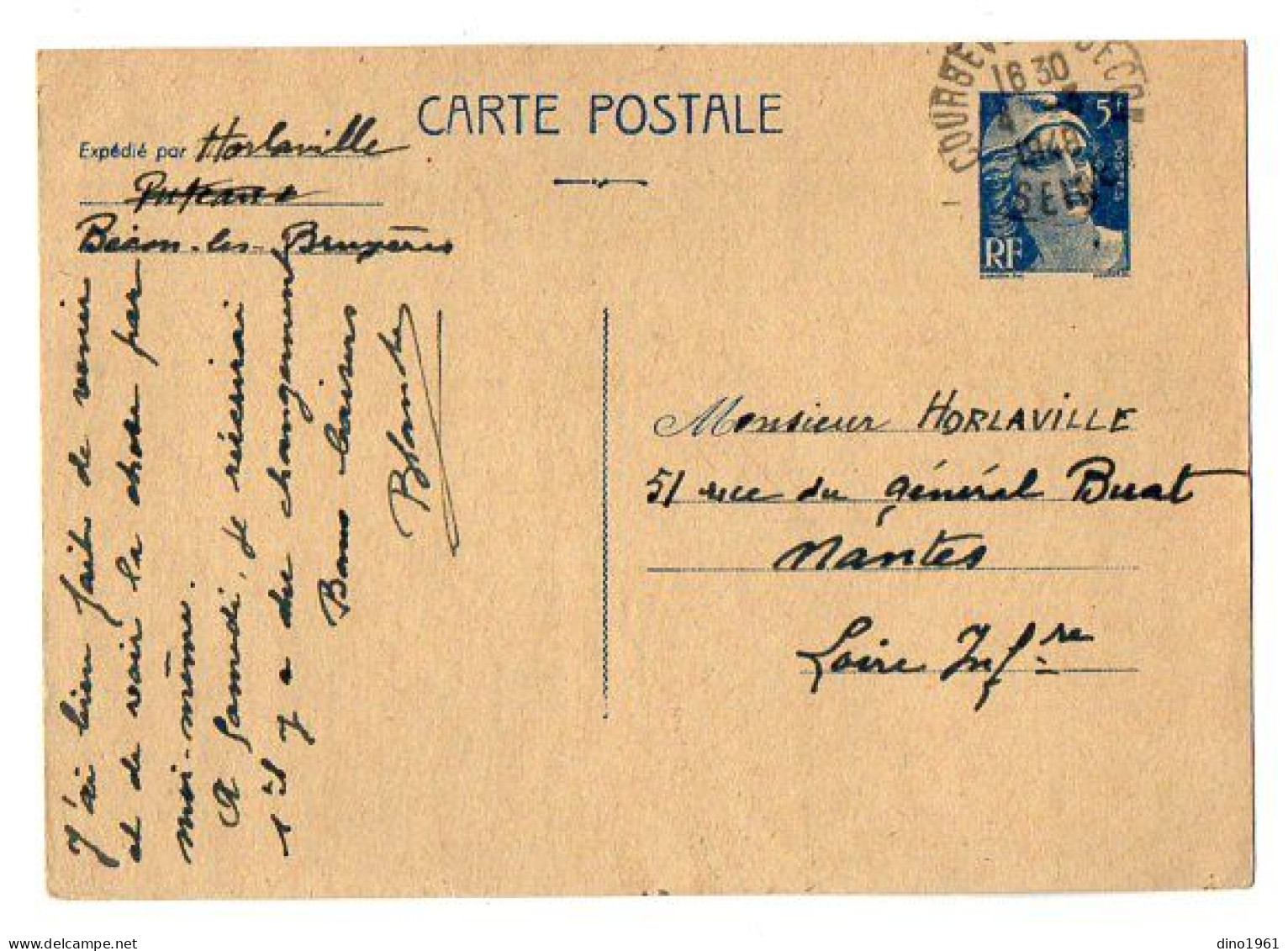 TB 4714 - 1948 - Entier Postal - Mme HORLAVILLE à BECON LES BRUYERES / COURBEVOIE / PUTEAUX Pour M. HORLAVILLE à NANTES - Standard Postcards & Stamped On Demand (before 1995)