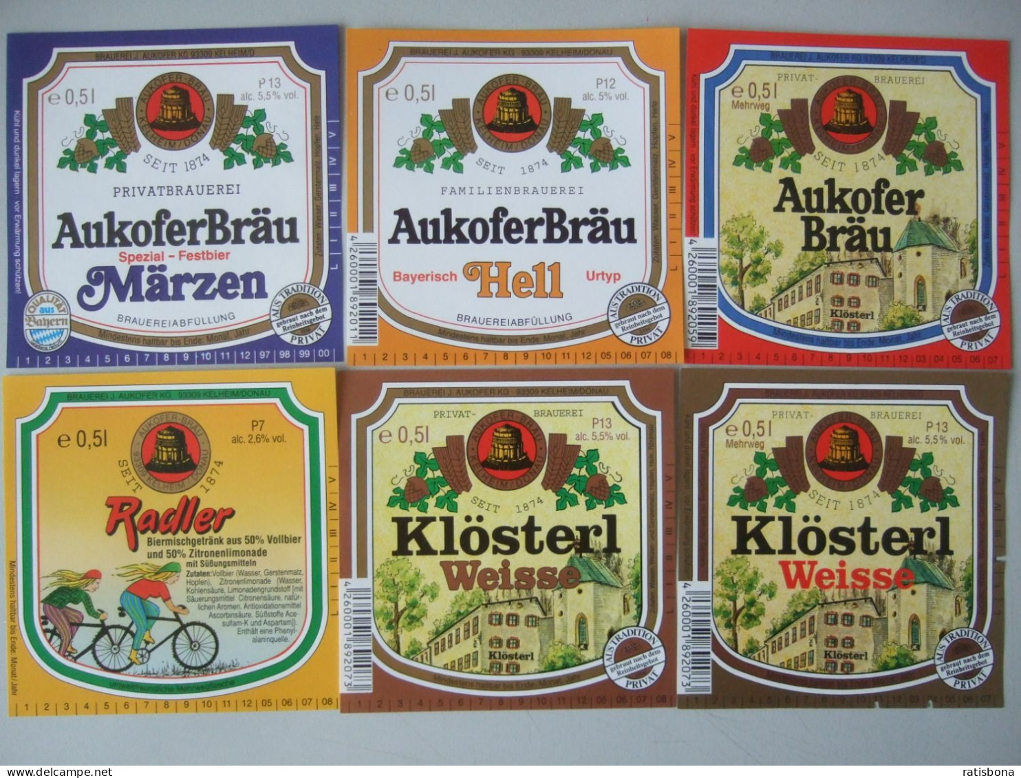 6 ältere Bier-Etiketten - Brauerei Aukofer Kelheim † 2005 - Beer
