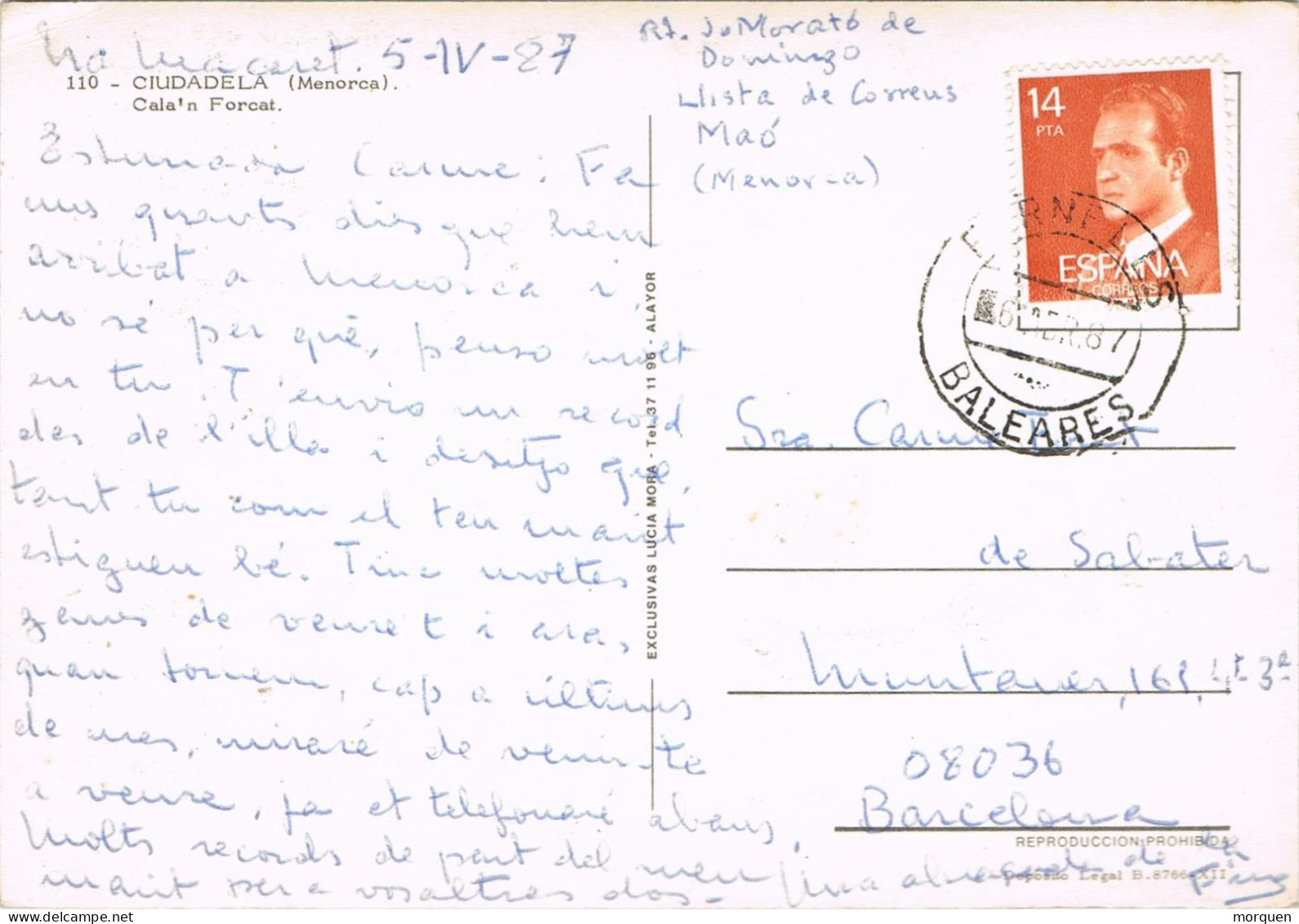 54552. Postal NA MACARET (mahon) Menorca 1987. Fechador De FORNELLS. Vista De Ciudadela - Brieven En Documenten