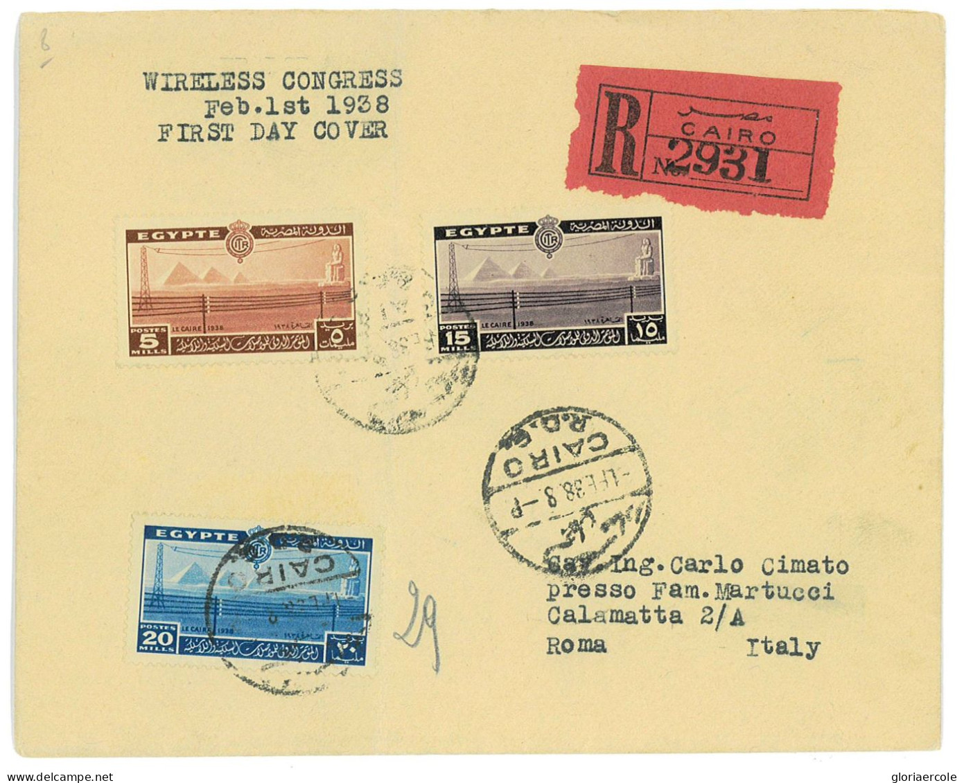 P2946 - EGYPT . 1938 WIRELESS CONGRESS 1938 FDC TO ITALY, REGISTRED - Briefe U. Dokumente